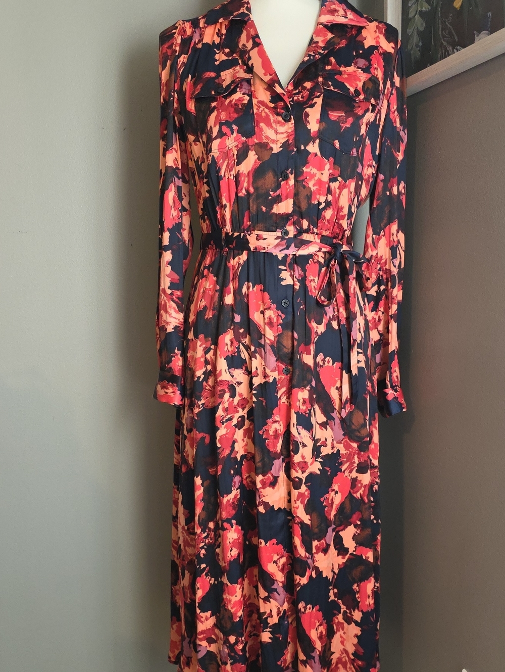 Nune West Floral Button-Front Tie-Waist Dress - Size Small